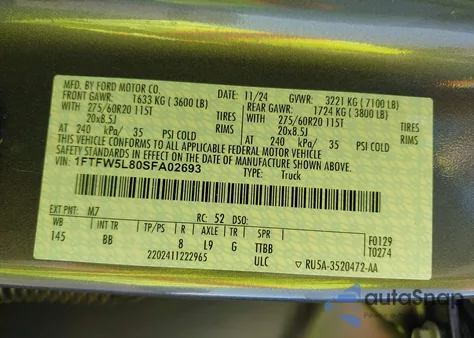 2025 Ford F-150 Lariat from USA, damaged, VIN 1FTFW5L80SFA02693